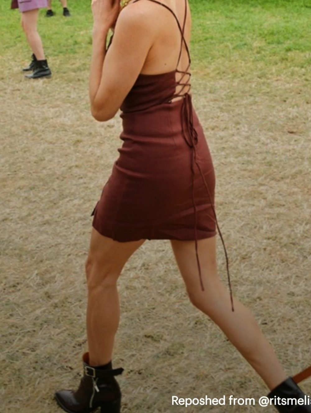 RARE Mango MNG Sienna Miller Brown Linen Tie Back Mini Summer Dress Size 6 Med.